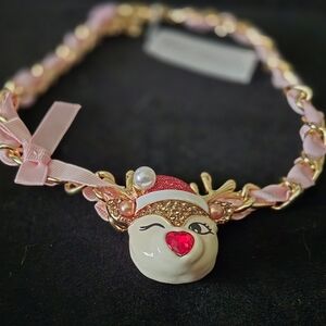 Betsey Johnson Pink and Gold Reindeer Necklace